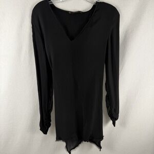 Zara Basics Black Long Sleeve Blouse Sz M Frayed Hem Criss Cross Back Tie Witchy